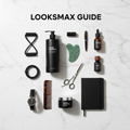 LOOKSMAX GUIDE grooming products flat lay