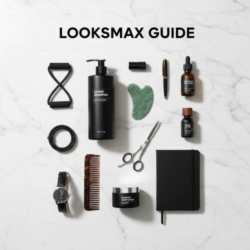 LOOKSMAX GUIDE grooming products flat lay