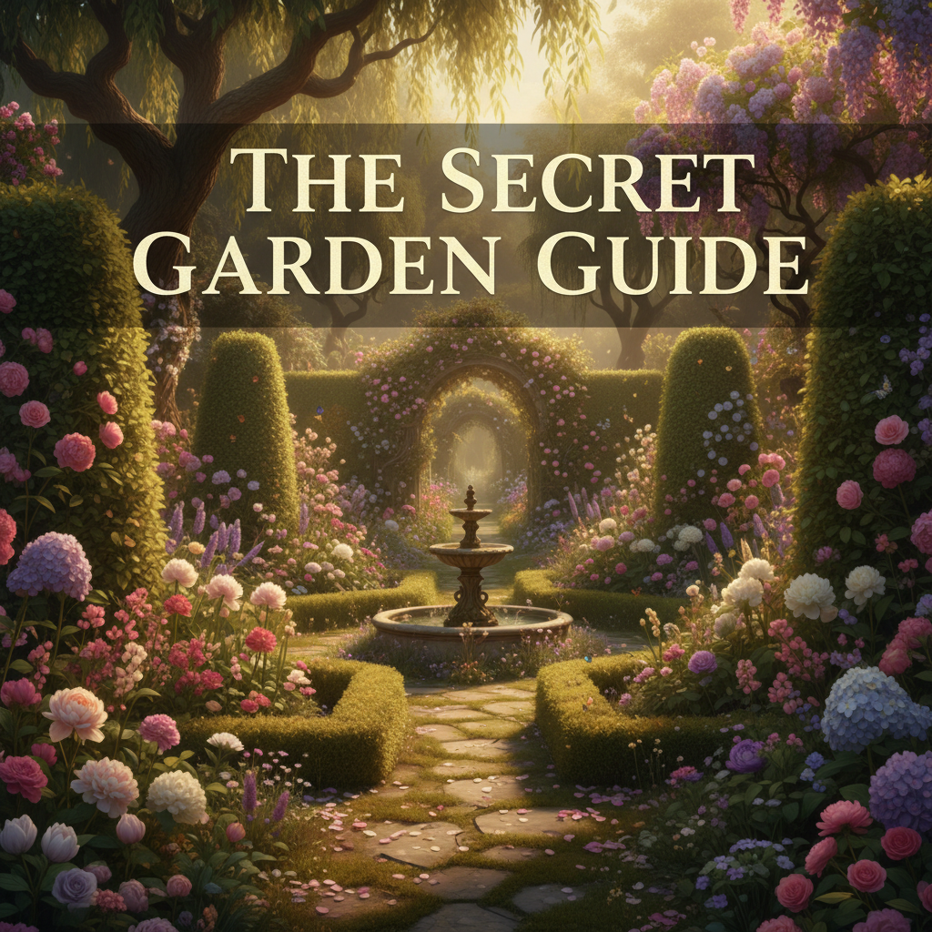 A lush secret garden with the text THE SECRET GARDEN GUIDE